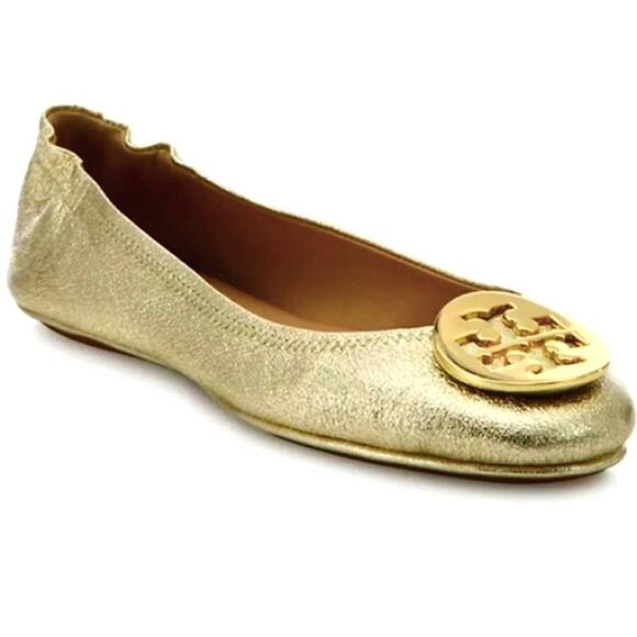 Tory Burch Logo Spark Gold Leather Minnie Travel Ballet Flats Size 5.5M - Picture 1 of 13